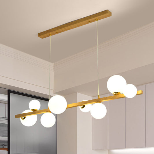 Nordic Linear Imitation Solid Wood Island Pendant with Globe Shade Glass Island Light for Dining Room 8 Wood Clearhalo 'Ceiling Lights' 'Island Lights' Lighting' 2557042