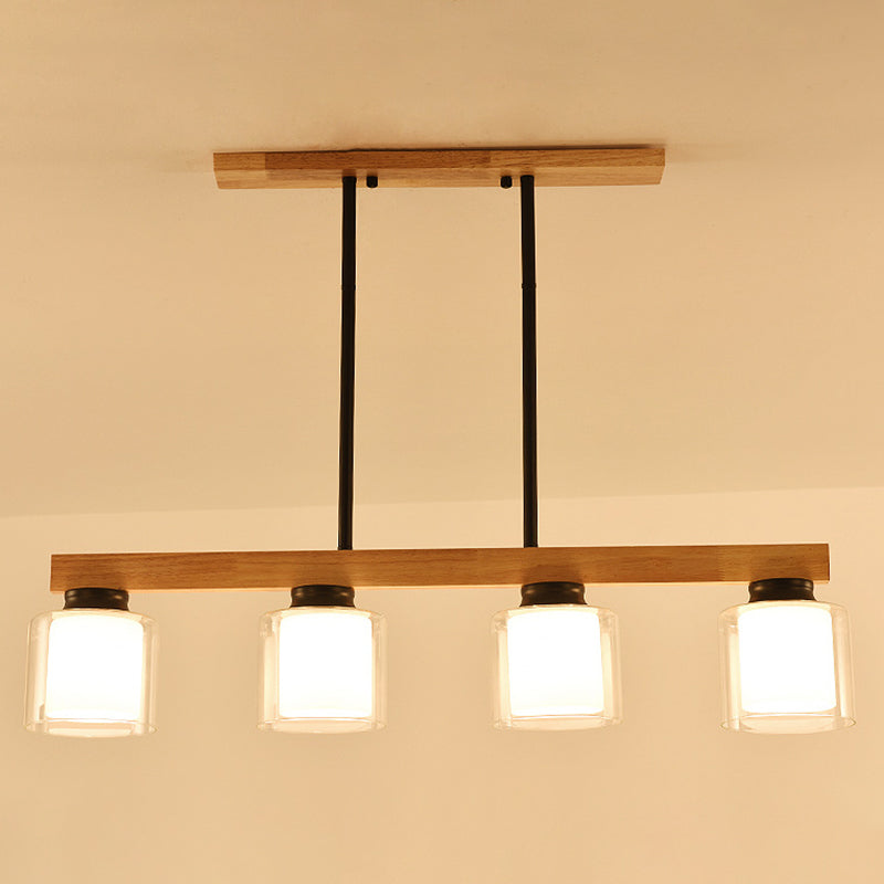 Nordic Modern Wood Island Pendant with Cylindrical Glass Lampshade Dining Table Hanging Lamp 4 Black Clearhalo 'Ceiling Lights' 'Island Lights' Lighting' 2557052