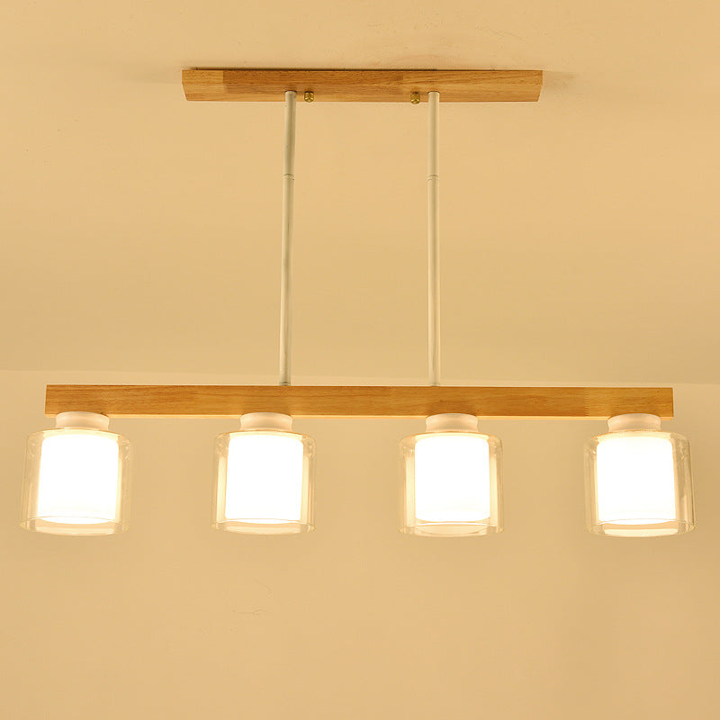 Nordic Modern Wood Island Pendant with Cylindrical Glass Lampshade Dining Table Hanging Lamp 4 White Clearhalo 'Ceiling Lights' 'Island Lights' Lighting' 2557055