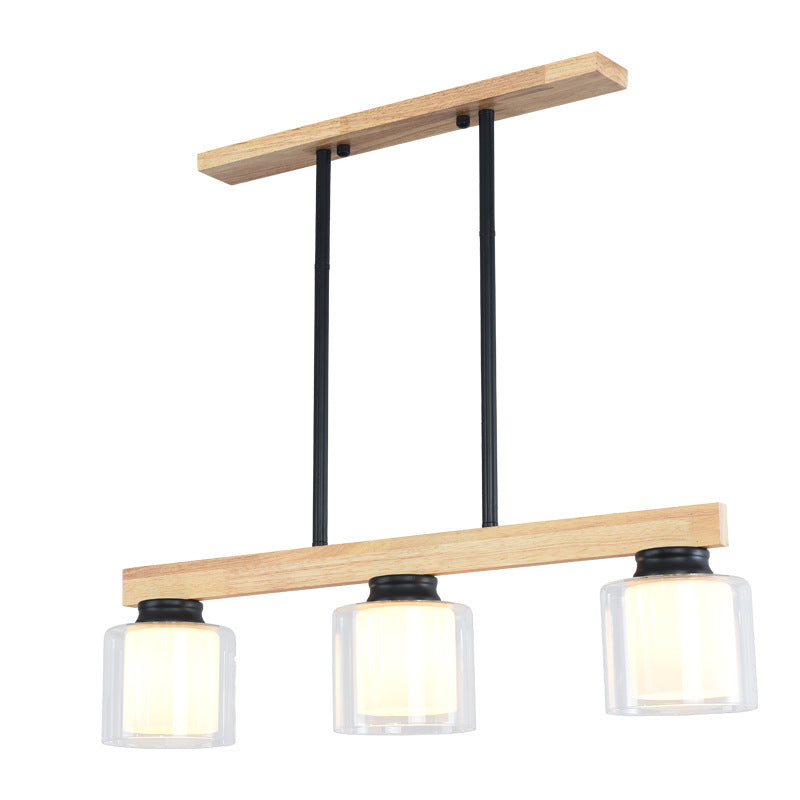 Nordic Modern Wood Island Pendant with Cylindrical Glass Lampshade Dining Table Hanging Lamp Clearhalo 'Ceiling Lights' 'Island Lights' Lighting' 2557056