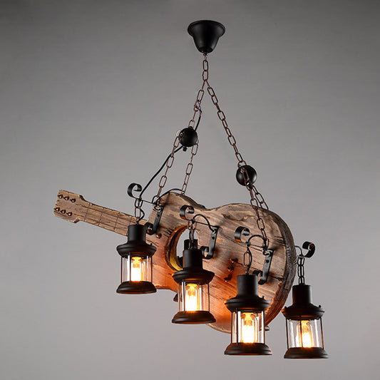 4 Light Wood Guitar Pendant Light Art Deco Industrial Black Metal Hanging Lamp Clearhalo 'Ceiling Lights' 'Island Lights' Lighting' 2557073