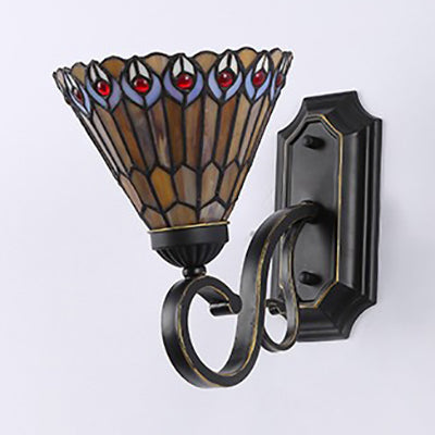 Tiffany Style Mission Wall Mount Fixture Stained Glass 1 Light Wall Sconce in Blue-White/Blue/Beige/White for Stairway Clearhalo 'Industrial' 'Middle century wall lights' 'Tiffany wall lights' 'Tiffany' 'Wall Lamps & Sconces' 'Wall Lights' Lighting' 25571