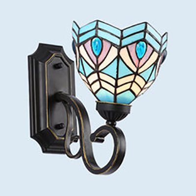 Tiffany Style Mission Wall Mount Fixture Stained Glass 1 Light Wall Sconce in Blue-White/Blue/Beige/White for Stairway Blue Clearhalo 'Industrial' 'Middle century wall lights' 'Tiffany wall lights' 'Tiffany' 'Wall Lamps & Sconces' 'Wall Lights' Lighting' 25572