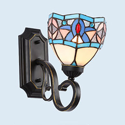 Tiffany Style Mission Wall Mount Fixture Stained Glass 1 Light Wall Sconce in Blue-White/Blue/Beige/White for Stairway Blue-White Clearhalo 'Industrial' 'Middle century wall lights' 'Tiffany wall lights' 'Tiffany' 'Wall Lamps & Sconces' 'Wall Lights' Lighting' 25573