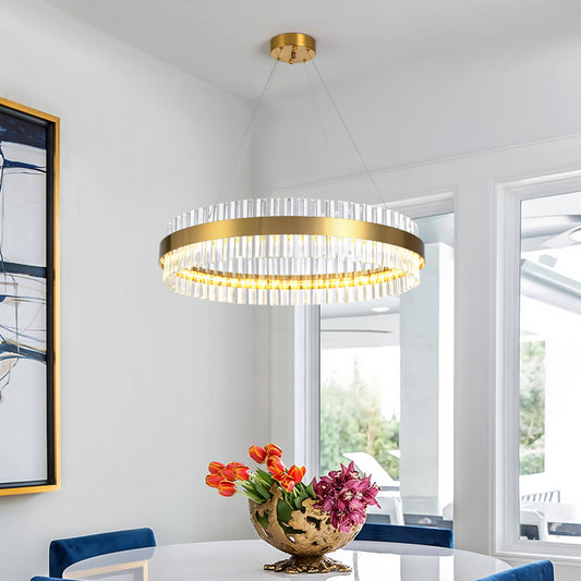 Circular Chandelier Light Postmodern Crystal Rod Gold LED Hanging Ceiling Light, 16"/19.5"/23.5" Wide Clearhalo 'Ceiling Lights' 'Chandeliers' 'Modern Chandeliers' 'Modern' Lighting' 255818