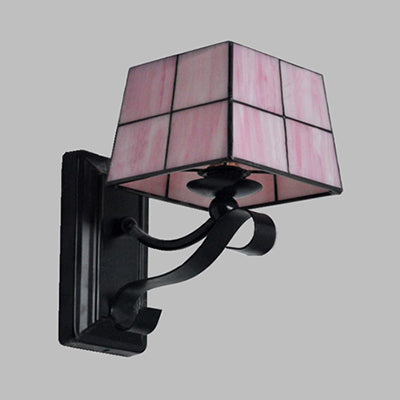 Pink/Blue/Beige Square Wall Light Tiffany Style Stained Glass 1 Light Wall Mount Fixture for Bedroom Clearhalo 'Art deco wall lights' 'Cast Iron' 'Glass' 'Industrial' 'Middle century wall lights' 'Modern' 'Tiffany wall lights' 'Tiffany' 'Traditional wall lights' 'Wall Lamps & Sconces' 'Wall Lights' Lighting' 25587