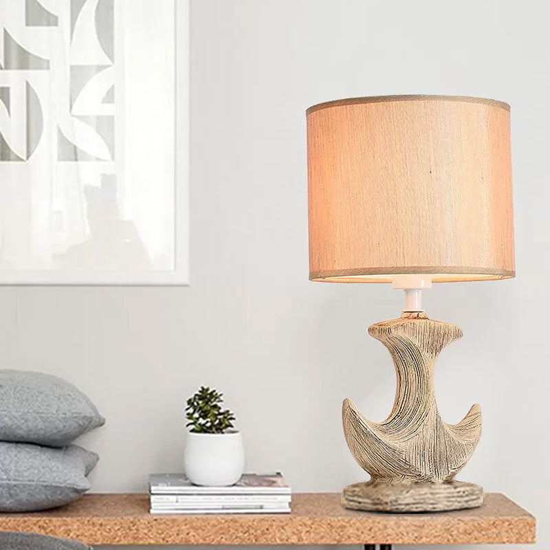 1 Bulb Cylinder Fabric Desk Lamp Classic White/Tan Plug-in Ceramic Sailboat Based Table Light Clearhalo 'Lamps' 'Table Lamps' Lighting' 255877