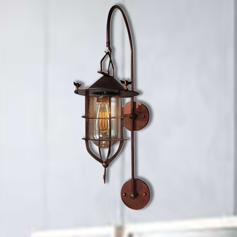 Caged Living Room Wall Light Fixture Industrial Clear Glass 1 Light Black/Rust Sconce Lamp Clearhalo 'Art deco wall lights' 'Cast Iron' 'Glass' 'Industrial wall lights' 'Industrial' 'Middle century wall lights' 'Modern' 'Rustic wall lights' 'Tiffany' 'Traditional wall lights' 'Wall Lamps & Sconces' 'Wall Lights' Lighting' 255897