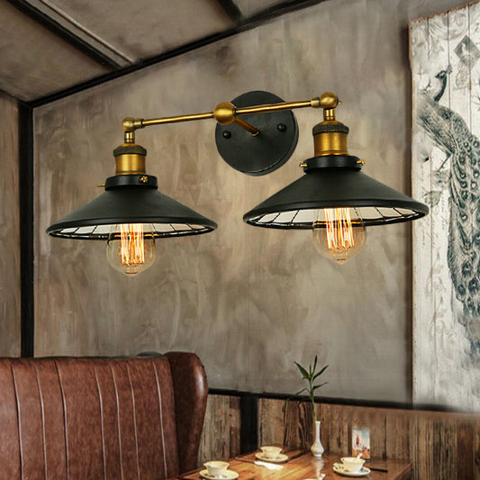 2/3 Bulbs Cone Shade Wall Mount Light Vintage Style Black Metal Sconce Lighting for Restaurant 2.0 Black Clearhalo 'Art deco wall lights' 'Cast Iron' 'Glass' 'Industrial wall lights' 'Industrial' 'Middle century wall lights' 'Modern' 'Rustic wall lights' 'Tiffany' 'Traditional wall lights' 'Wall Lamps & Sconces' 'Wall Lights' Lighting' 255983