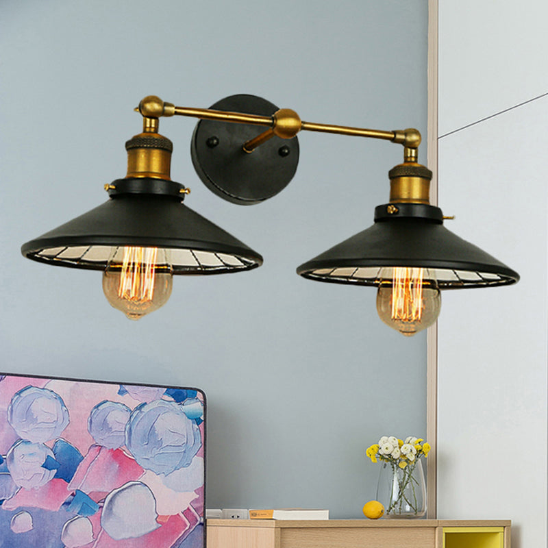 2/3 Bulbs Cone Shade Wall Mount Light Vintage Style Black Metal Sconce Lighting for Restaurant Clearhalo 'Art deco wall lights' 'Cast Iron' 'Glass' 'Industrial wall lights' 'Industrial' 'Middle century wall lights' 'Modern' 'Rustic wall lights' 'Tiffany' 'Traditional wall lights' 'Wall Lamps & Sconces' 'Wall Lights' Lighting' 255984
