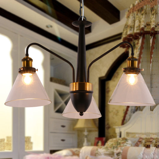 3/5/6-Light Conical Chandelier Light Traditional Black and Gold Hanging Pendant with Clear Glass Shade 3 Black-Gold Clearhalo 'Ceiling Lights' 'Chandeliers' 'Glass shade' 'Glass' Lighting' 256018