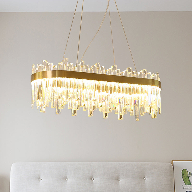 Oval Dining Room Hanging Lamp Kit Three Side Crystal Rod Postmodern LED Chandelier Light in Gold Gold Clearhalo 'Ceiling Lights' 'Chandeliers' 'Modern Chandeliers' 'Modern' Lighting' 256046