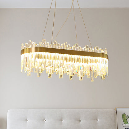Oval Dining Room Hanging Lamp Kit Three Side Crystal Rod Postmodern LED Chandelier Light in Gold Gold Clearhalo 'Ceiling Lights' 'Chandeliers' 'Modern Chandeliers' 'Modern' Lighting' 256046