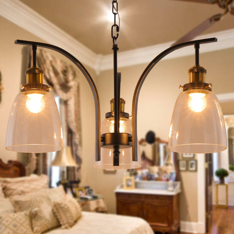 Clear Glass Cup Shape Chandelier Pendant Vintage 3/5/6-Light Ceiling Lamp with Curved Arm 3 Clear Clearhalo 'Ceiling Lights' 'Chandeliers' 'Glass shade' 'Glass' 'Pendant Lights' Lighting' 256060