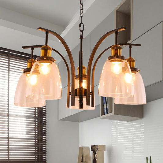 Clear Glass Cup Shape Chandelier Pendant Vintage 3/5/6-Light Ceiling Lamp with Curved Arm 5 Clear Clearhalo 'Ceiling Lights' 'Chandeliers' 'Glass shade' 'Glass' 'Pendant Lights' Lighting' 256064