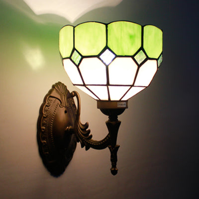 Retro Style Scalloped Wall Light Stained Glass 1 Light Wall Mount Fixture in Yellow/Pink/Green for Stairway Green Clearhalo 'Industrial' 'Middle century wall lights' 'Tiffany wall lights' 'Tiffany' 'Wall Lamps & Sconces' 'Wall Lights' Lighting' 25608