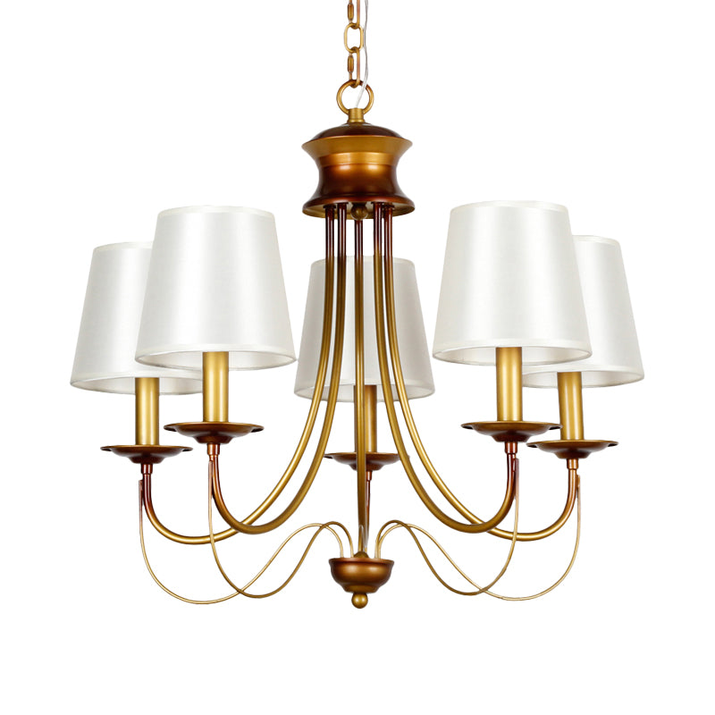 3/5/6 Lights Brass Finish Hanging Chandelier Traditional Conical Ceiling Light with White Fabric Lamp Shade Clearhalo 'Ceiling Lights' 'Chandeliers' Lighting' options 256097