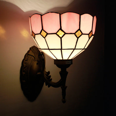 Retro Style Scalloped Wall Light Stained Glass 1 Light Wall Mount Fixture in Yellow/Pink/Green for Stairway Pink Clearhalo 'Industrial' 'Middle century wall lights' 'Tiffany wall lights' 'Tiffany' 'Wall Lamps & Sconces' 'Wall Lights' Lighting' 25609