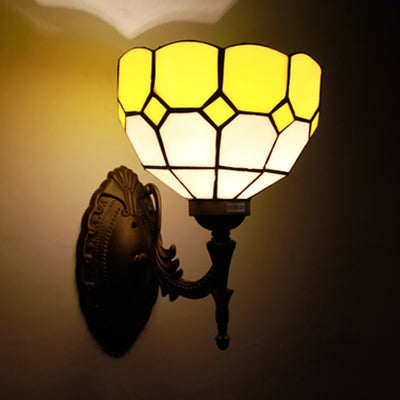 Retro Style Scalloped Wall Light Stained Glass 1 Light Wall Mount Fixture in Yellow/Pink/Green for Stairway Yellow Clearhalo 'Industrial' 'Middle century wall lights' 'Tiffany wall lights' 'Tiffany' 'Wall Lamps & Sconces' 'Wall Lights' Lighting' 25610