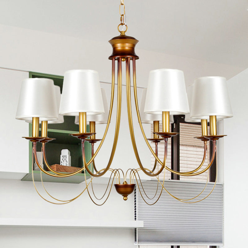 3/5/6 Lights Brass Finish Hanging Chandelier Traditional Conical Ceiling Light with White Fabric Lamp Shade Clearhalo 'Ceiling Lights' 'Chandeliers' Lighting' options 256102