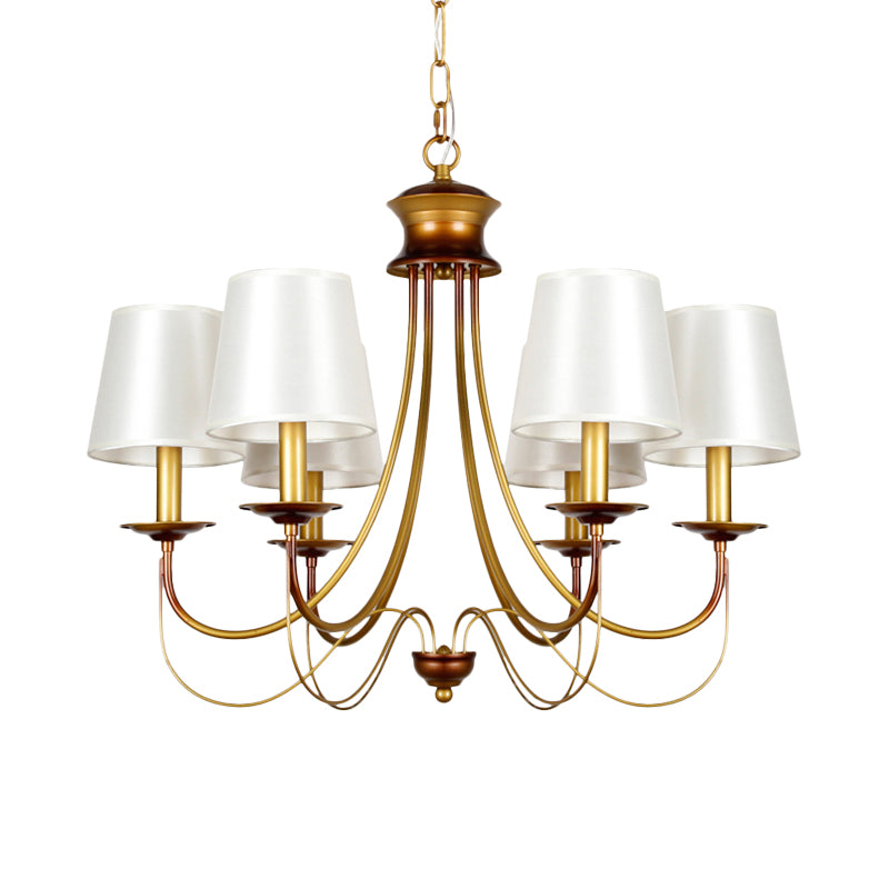 3/5/6 Lights Brass Finish Hanging Chandelier Traditional Conical Ceiling Light with White Fabric Lamp Shade Clearhalo 'Ceiling Lights' 'Chandeliers' Lighting' options 256107