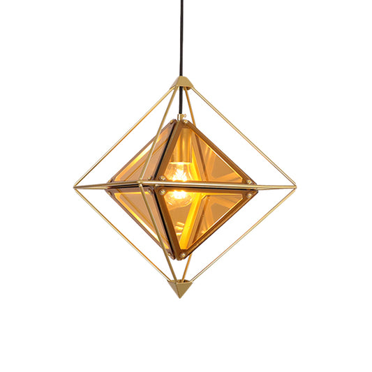 Black/Gold/Amber Glass 1-Light Drop Pendant Colonial Diamond Shape Ceiling Light Fixture with Exterior Iron Frame Clearhalo 'Ceiling Lights' 'Chandeliers' 'Glass shade' 'Glass' 'Pendant Lights' 'Pendants' Lighting' 256125