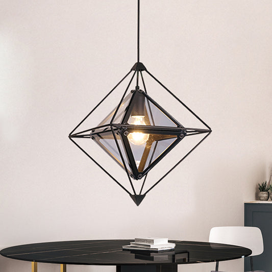 Black/Gold/Amber Glass 1-Light Drop Pendant Colonial Diamond Shape Ceiling Light Fixture with Exterior Iron Frame Black Clearhalo 'Ceiling Lights' 'Chandeliers' 'Glass shade' 'Glass' 'Pendant Lights' 'Pendants' Lighting' 256127