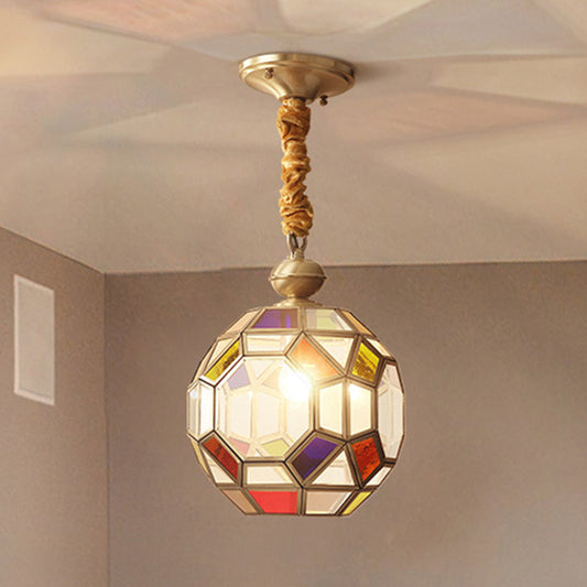 1 Bulb Faceted Disco Ball Pendant Colonial Brass Finish Ceiling Lamp with Multi-Colored Glass Shade Brass Clearhalo 'Ceiling Lights' 'Chandeliers' 'Glass shade' 'Glass' 'Pendant Lights' 'Pendants' Lighting' 256135