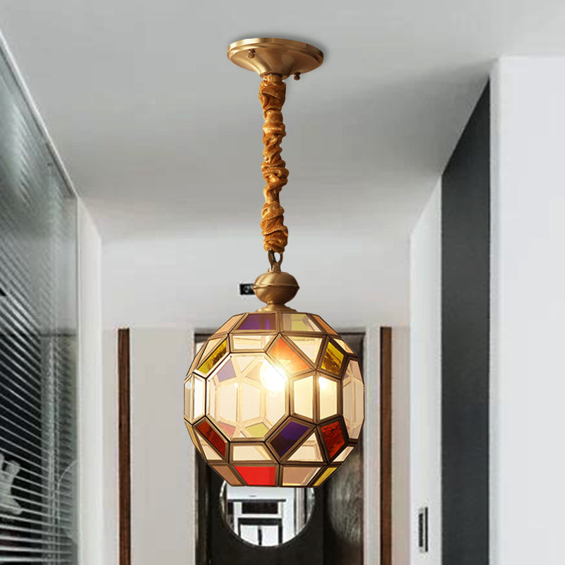 1 Bulb Faceted Disco Ball Pendant Colonial Brass Finish Ceiling Lamp with Multi-Colored Glass Shade Clearhalo 'Ceiling Lights' 'Chandeliers' 'Glass shade' 'Glass' 'Pendant Lights' 'Pendants' Lighting' 256136