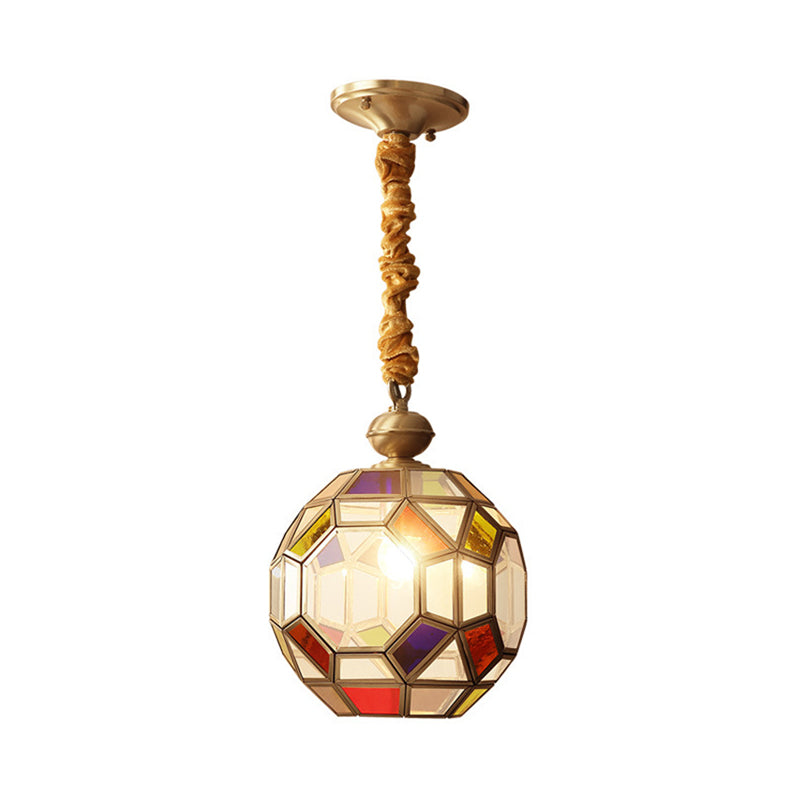 1 Bulb Faceted Disco Ball Pendant Colonial Brass Finish Ceiling Lamp with Multi-Colored Glass Shade Clearhalo 'Ceiling Lights' 'Chandeliers' 'Glass shade' 'Glass' 'Pendant Lights' 'Pendants' Lighting' 256137