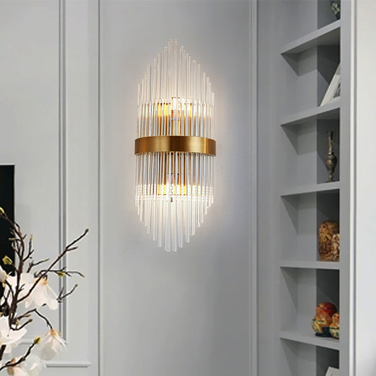 Crystal Rod Shield Wall Mount Light Postmodern 2/3 Heads Gold Sconce Light Fixture for Living Room 2.0 Gold Clearhalo 'Modern wall lights' 'Modern' 'Wall Lamps & Sconces' 'Wall Lights' Lighting' 256152