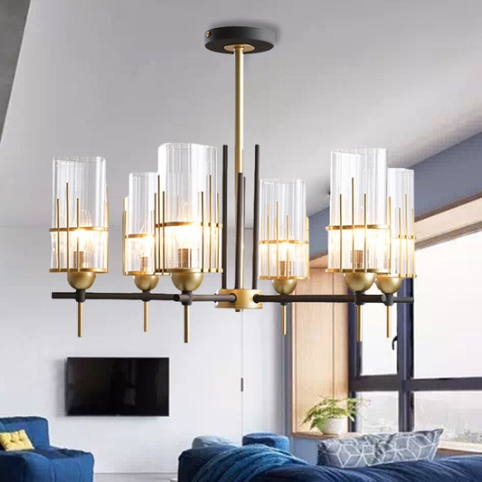 6-Head Black and Gold Chandelier Pendant Contemporary Triangular Prism Clear Glass Suspension Lamp Clearhalo 'Ceiling Lights' 'Chandeliers' 'Close To Ceiling Lights' 'Glass shade' 'Glass' Lighting' 256162