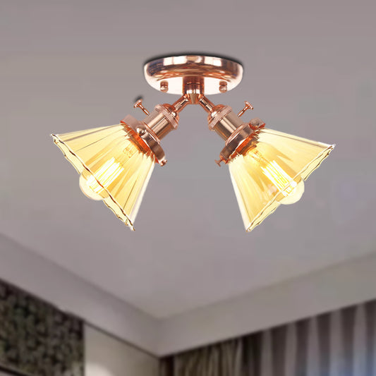 Cone Shade Bedroom Semi Mount Lighting Amber/Clear Glass 2 Heads Industrial Stylish Ceiling Flush Mount in Black/Bronze Clearhalo 'Ceiling Lights' 'Close To Ceiling Lights' 'Close to ceiling' 'Glass shade' 'Glass' 'Pendant Lights' 'Semi-flushmount' Lighting' 256173