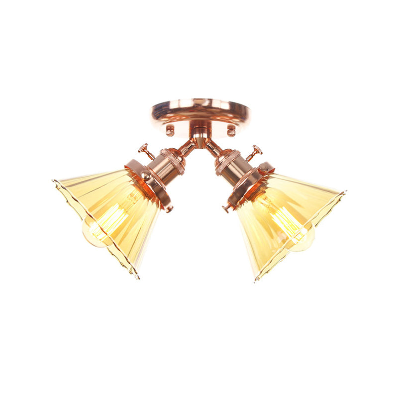 Cone Shade Bedroom Semi Mount Lighting Amber/Clear Glass 2 Heads Industrial Stylish Ceiling Flush Mount in Black/Bronze Clearhalo 'Ceiling Lights' 'Close To Ceiling Lights' 'Close to ceiling' 'Glass shade' 'Glass' 'Pendant Lights' 'Semi-flushmount' Lighting' 256174