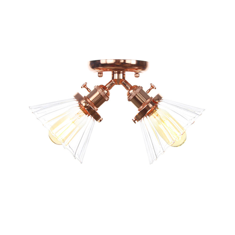 Cone Shade Bedroom Semi Mount Lighting Amber/Clear Glass 2 Heads Industrial Stylish Ceiling Flush Mount in Black/Bronze Clearhalo 'Ceiling Lights' 'Close To Ceiling Lights' 'Close to ceiling' 'Glass shade' 'Glass' 'Pendant Lights' 'Semi-flushmount' Lighting' 256178