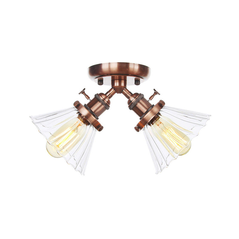Cone Shade Bedroom Semi Mount Lighting Amber/Clear Glass 2 Heads Industrial Stylish Ceiling Flush Mount in Black/Bronze Clearhalo 'Ceiling Lights' 'Close To Ceiling Lights' 'Close to ceiling' 'Glass shade' 'Glass' 'Pendant Lights' 'Semi-flushmount' Lighting' 256185