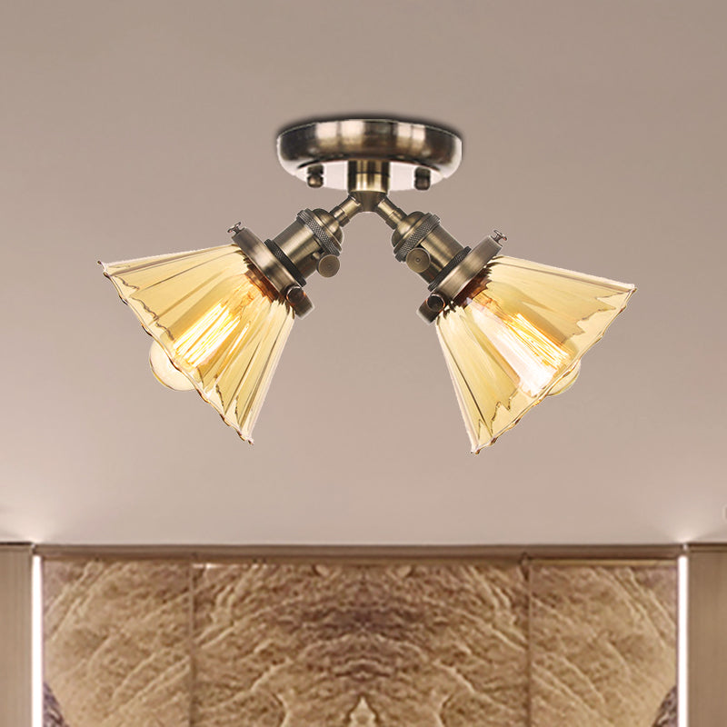 Cone Shade Bedroom Semi Mount Lighting Amber/Clear Glass 2 Heads Industrial Stylish Ceiling Flush Mount in Black/Bronze Clearhalo 'Ceiling Lights' 'Close To Ceiling Lights' 'Close to ceiling' 'Glass shade' 'Glass' 'Pendant Lights' 'Semi-flushmount' Lighting' 256187