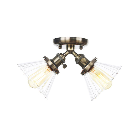 Cone Shade Bedroom Semi Mount Lighting Amber/Clear Glass 2 Heads Industrial Stylish Ceiling Flush Mount in Black/Bronze Clearhalo 'Ceiling Lights' 'Close To Ceiling Lights' 'Close to ceiling' 'Glass shade' 'Glass' 'Pendant Lights' 'Semi-flushmount' Lighting' 256191
