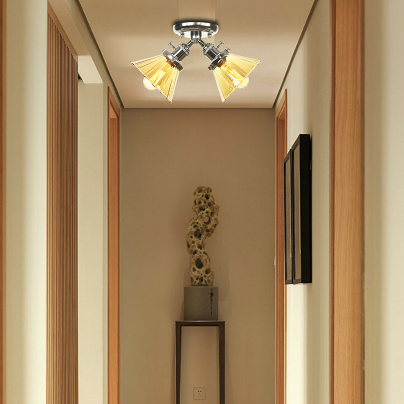 Cone Shade Bedroom Semi Mount Lighting Amber/Clear Glass 2 Heads Industrial Stylish Ceiling Flush Mount in Black/Bronze Clearhalo 'Ceiling Lights' 'Close To Ceiling Lights' 'Close to ceiling' 'Glass shade' 'Glass' 'Pendant Lights' 'Semi-flushmount' Lighting' 256200