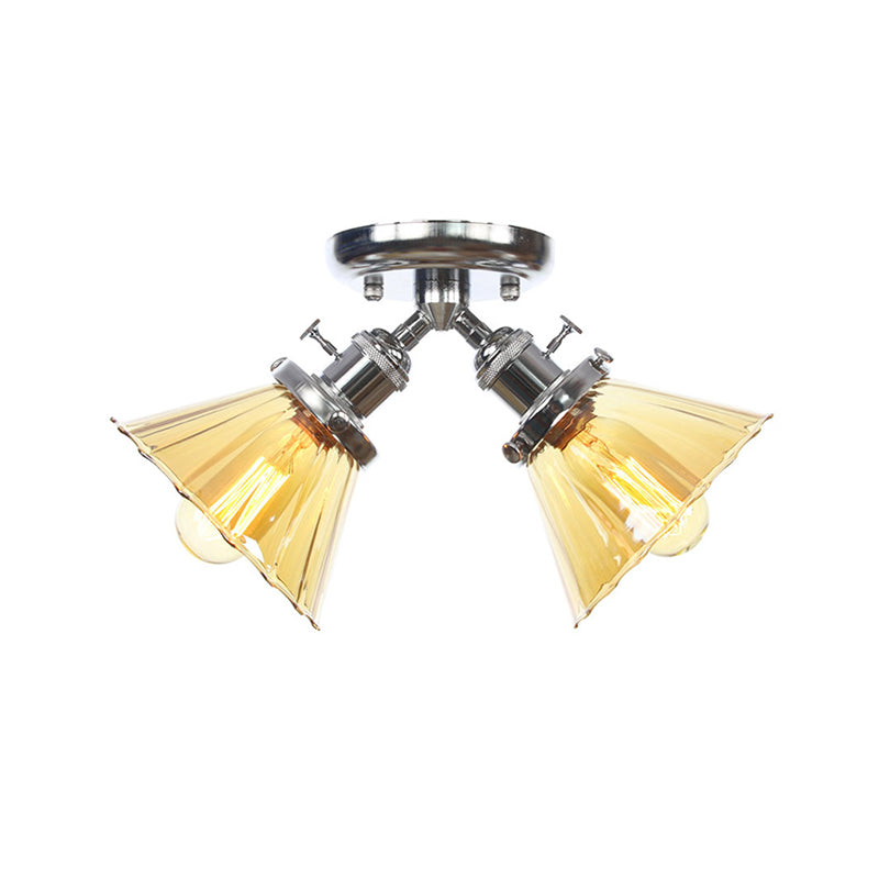Cone Shade Bedroom Semi Mount Lighting Amber/Clear Glass 2 Heads Industrial Stylish Ceiling Flush Mount in Black/Bronze Clearhalo 'Ceiling Lights' 'Close To Ceiling Lights' 'Close to ceiling' 'Glass shade' 'Glass' 'Pendant Lights' 'Semi-flushmount' Lighting' 256201