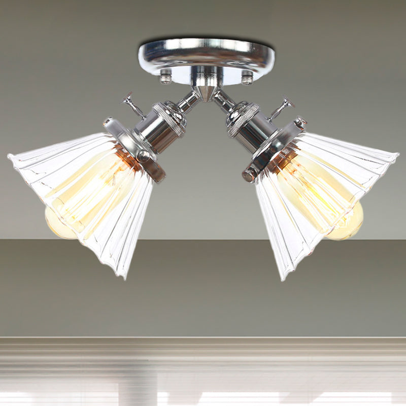 Cone Shade Bedroom Semi Mount Lighting Amber/Clear Glass 2 Heads Industrial Stylish Ceiling Flush Mount in Black/Bronze Chrome Clear Clearhalo 'Ceiling Lights' 'Close To Ceiling Lights' 'Close to ceiling' 'Glass shade' 'Glass' 'Pendant Lights' 'Semi-flushmount' Lighting' 256202