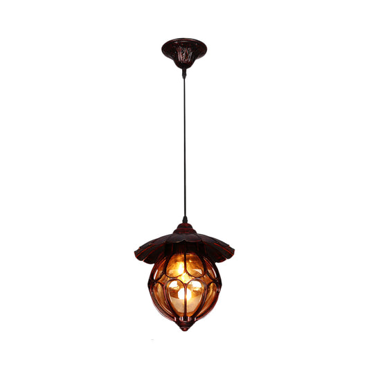 Farmhouse Globe Pendant Light 1 Light Amber Glass Suspension Lamp in Copper with Scalloped Deco Clearhalo 'Ceiling Lights' 'Close To Ceiling Lights' 'Glass shade' 'Glass' 'Pendant Lights' 'Pendants' Lighting' 256211