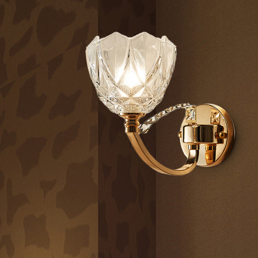 Flower Sconce Light Postmodern Clear Glass 1/2 Heads Gold Wall Mount Light with Crystal Accent 1.0 Gold Clearhalo 'Modern wall lights' 'Modern' 'Wall Lamps & Sconces' 'Wall Lights' Lighting' 256213