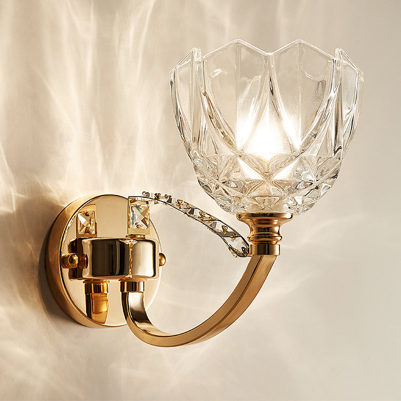 Flower Sconce Light Postmodern Clear Glass 1/2 Heads Gold Wall Mount Light with Crystal Accent Clearhalo 'Modern wall lights' 'Modern' 'Wall Lamps & Sconces' 'Wall Lights' Lighting' 256214