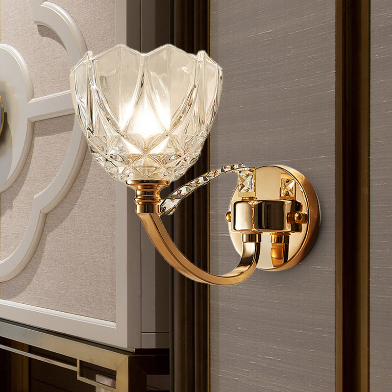 Flower Sconce Light Postmodern Clear Glass 1/2 Heads Gold Wall Mount Light with Crystal Accent Clearhalo 'Modern wall lights' 'Modern' 'Wall Lamps & Sconces' 'Wall Lights' Lighting' 256215