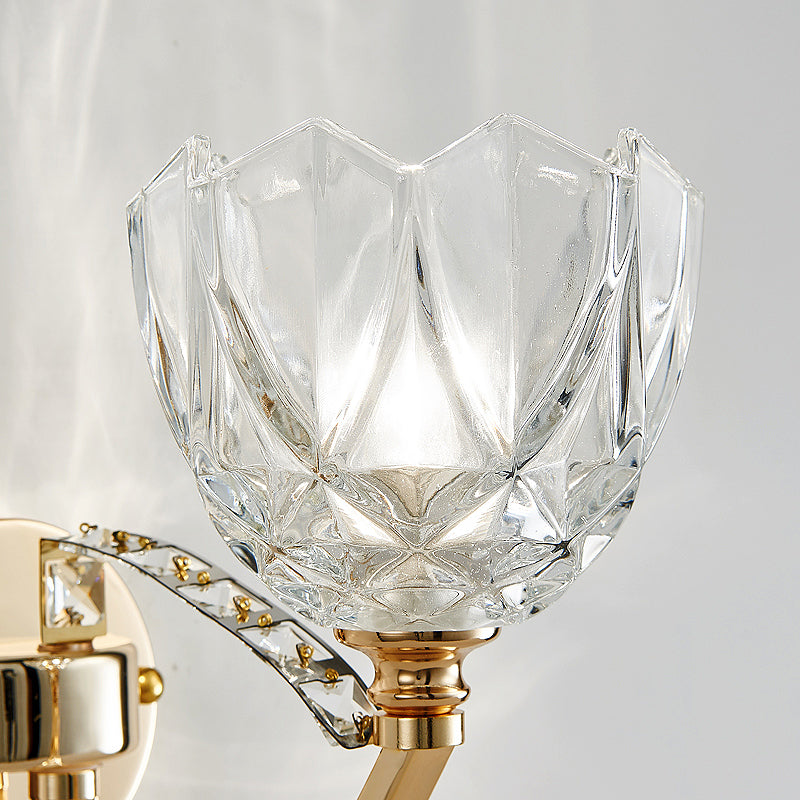 Flower Sconce Light Postmodern Clear Glass 1/2 Heads Gold Wall Mount Light with Crystal Accent Clearhalo 'Modern wall lights' 'Modern' 'Wall Lamps & Sconces' 'Wall Lights' Lighting' 256218