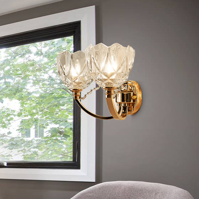 Flower Sconce Light Postmodern Clear Glass 1/2 Heads Gold Wall Mount Light with Crystal Accent 2.0 Gold Clearhalo 'Modern wall lights' 'Modern' 'Wall Lamps & Sconces' 'Wall Lights' Lighting' 256219