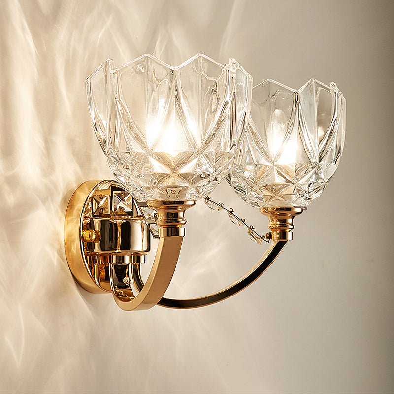 Flower Sconce Light Postmodern Clear Glass 1/2 Heads Gold Wall Mount Light with Crystal Accent Clearhalo 'Modern wall lights' 'Modern' 'Wall Lamps & Sconces' 'Wall Lights' Lighting' 256220