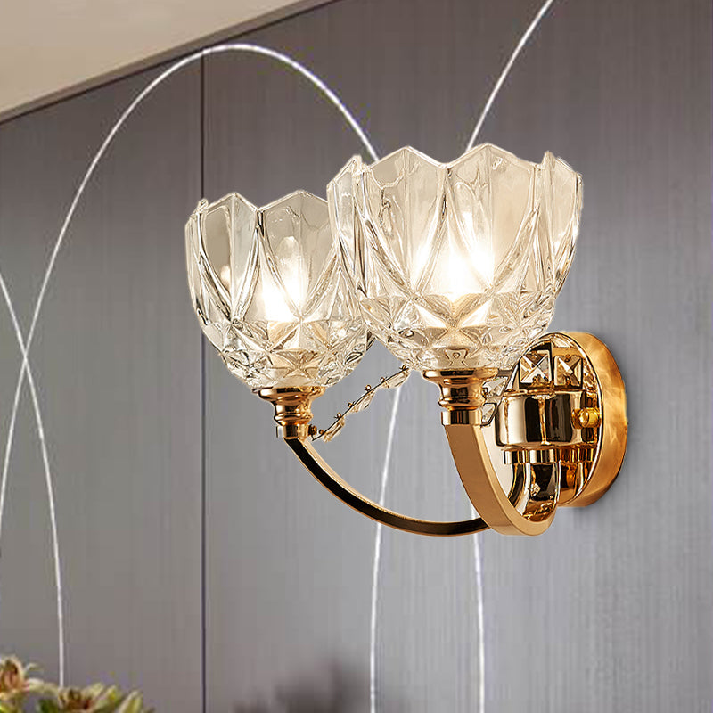 Flower Sconce Light Postmodern Clear Glass 1/2 Heads Gold Wall Mount Light with Crystal Accent Clearhalo 'Modern wall lights' 'Modern' 'Wall Lamps & Sconces' 'Wall Lights' Lighting' 256221