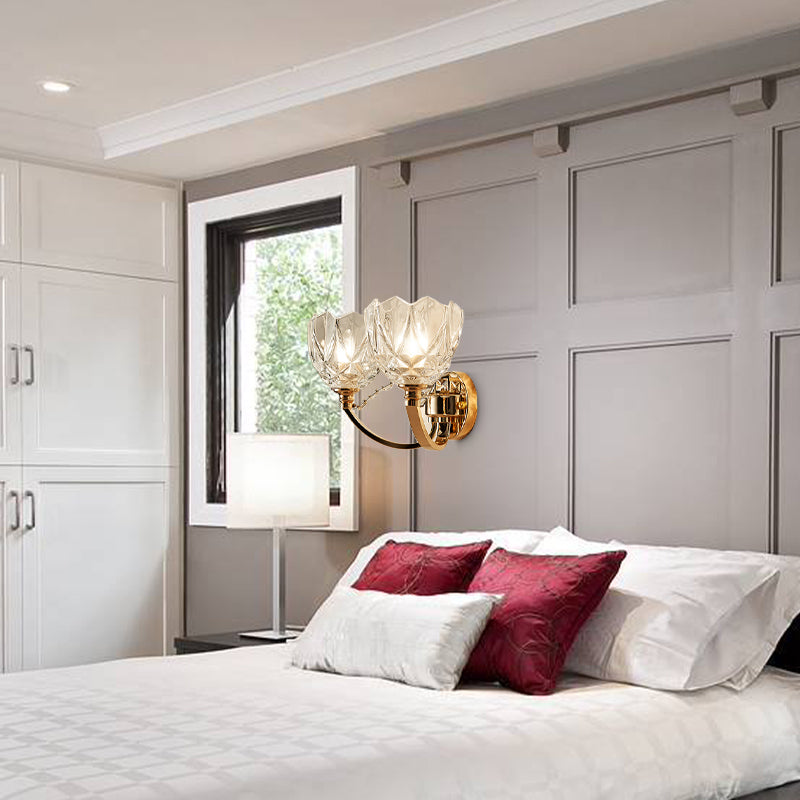 Flower Sconce Light Postmodern Clear Glass 1/2 Heads Gold Wall Mount Light with Crystal Accent Clearhalo 'Modern wall lights' 'Modern' 'Wall Lamps & Sconces' 'Wall Lights' Lighting' 256222